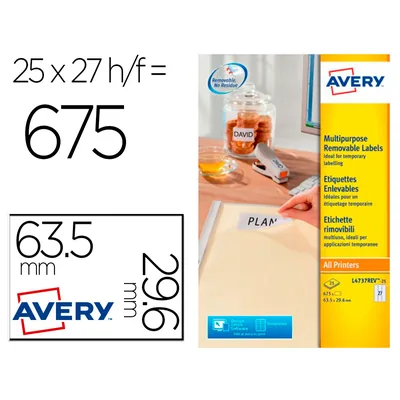 AVERY Etiqueta Adhesiva Avery Blanca Removible Laser Ink-jet Fotocopiadora 63,5X29,6 MM Caja de 675 Unidades