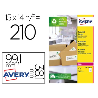 AVERY Etiqueta Adhesiva Avery Blanca Permanente Reciclada 100% Laser 99,1X38,1 MM Caja de 210 Unidades