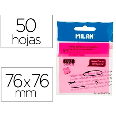 MILAN Bloc de Notas Adhesivas Quita y Pon Milan 76X76 MM Removible Plastico Translucido Rosa Fluor 50 Hojas