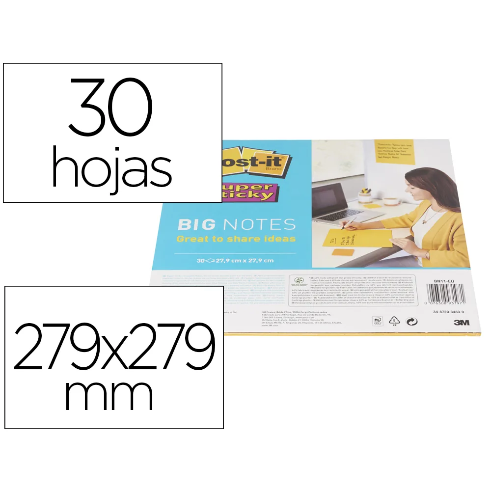 Bloc de Notas Adhesivas Quita y Pon Post-It Super Sticky Amarillo 30 Hojas 279X279 MM