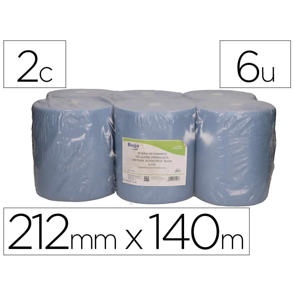 Papel Secamanos Bunzl 2 Capas Greensource Celulosa Reciclada Azul 212MM X 140M Sistema Autocorte Paquete de 6 Rollos