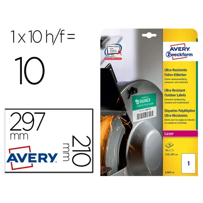 AVERY Etiqueta Adhesiva Avery Politileno Blanco Permanente Laser Fotocopiadora 210X297 MM Blister 10 Unidades