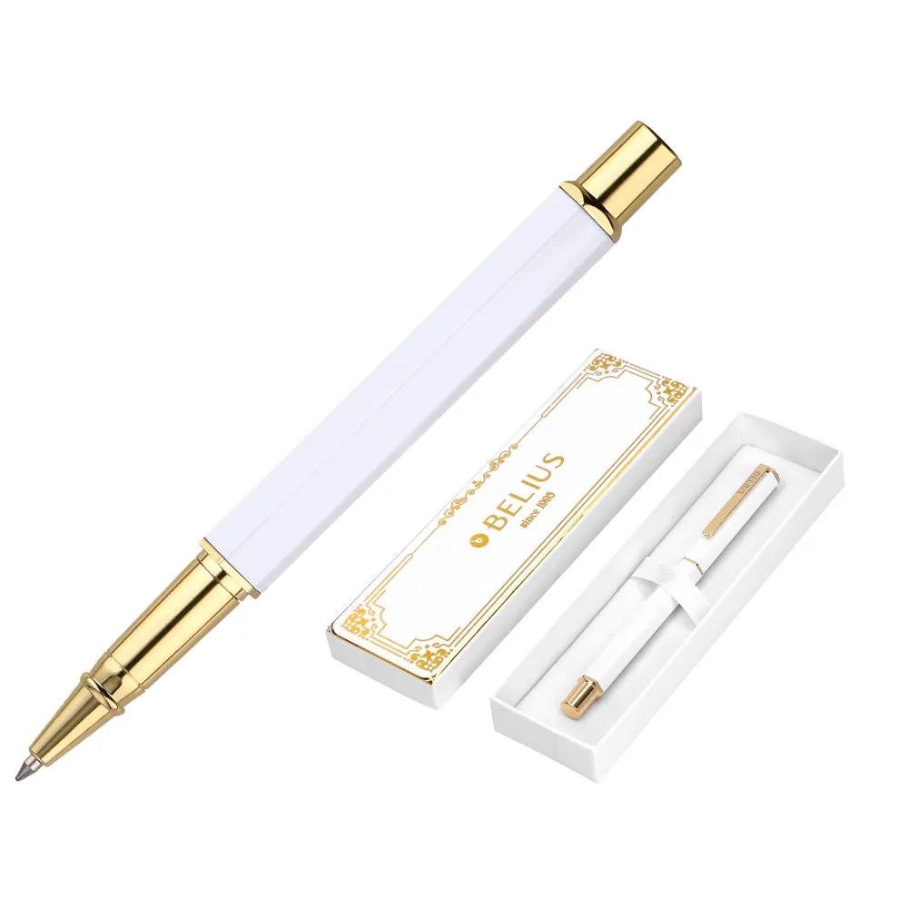 Boligrafo Belius Macaron Bliss Forma Hexagonal Color Blanco y Dorado Tinta Azul Caja de Diseño