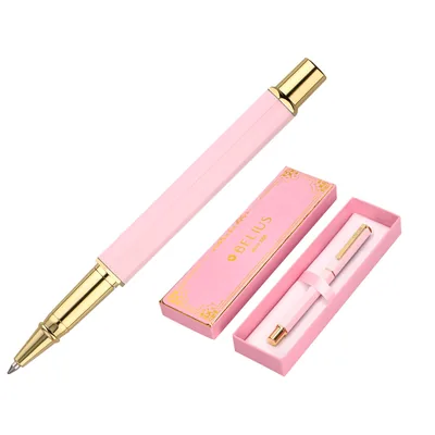 BELIUS Boligrafo Belius Macaron Bliss Forma Hexagonal Color Rosa y Dorado Tinta Azul Caja de Diseño