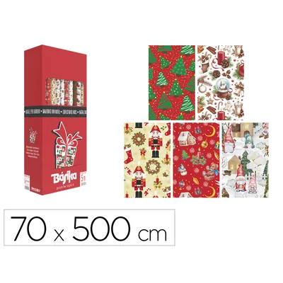 BASIKA Papel de Regalo Basika Navidad Rollo Ancho 70 CM Longitud 5 M Diseños Surtidos Gramaje 50 G