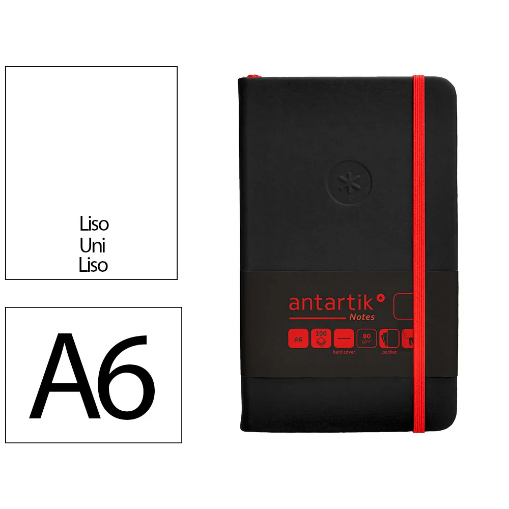 Cuaderno con Gomilla Antartik Notes Tapa Dura A6 Hojas Lisas Negro y Rojo 100 Hojas 80 GR Fsc