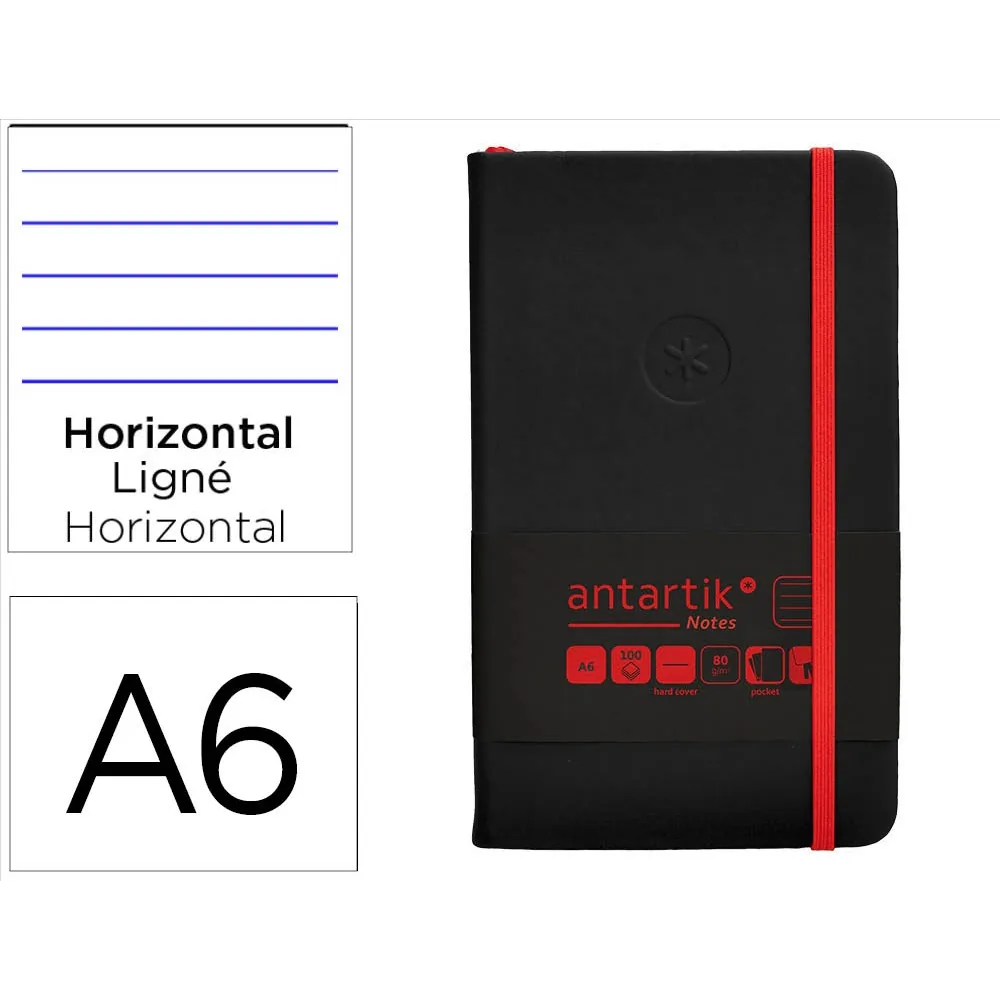 Cuaderno con Gomilla Antartik Notes Tapa Dura A6 Hojas Rayas Negro y Rojo 100 Hojas 80 GR Fsc