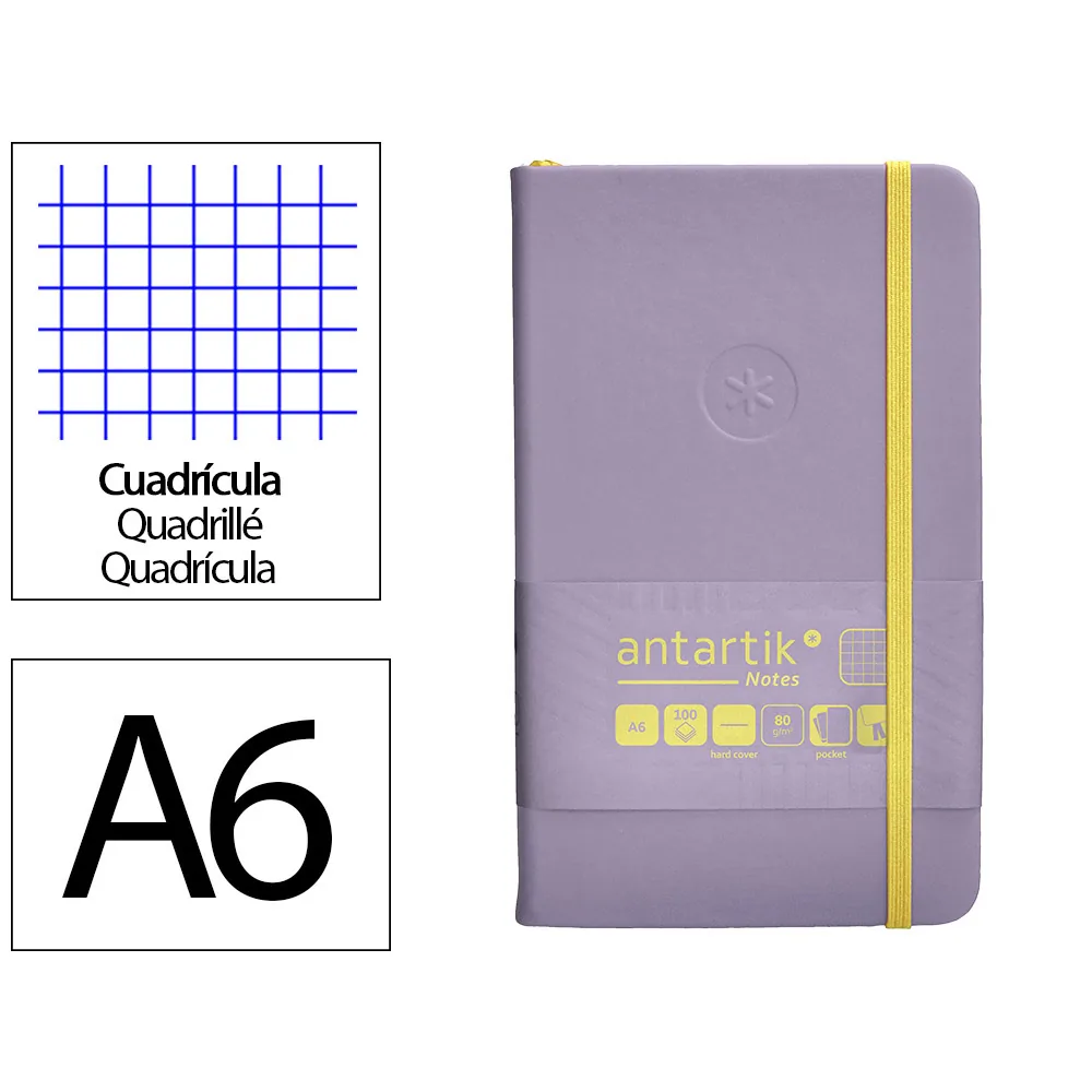 Cuaderno con Gomilla Antartik Notes Tapa Dura A6 Hojas Cuadricula Morado y Amarillo 100 Hojas 80 GR Fsc
