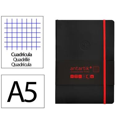 ANTARTIK Cuaderno con Gomilla Antartik Notes Tapa Blanda A5 Hojas Cuadricula Negro y Rojo 80 Hojas 80 GR Fsc
