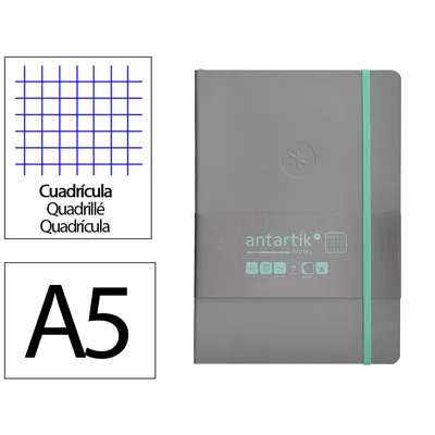ANTARTIK Cuaderno con Gomilla Antartik Notes Tapa Blanda A5 Hojas Cuadricula Gris y Turquesa 80 Hojas 80 GR Fsc