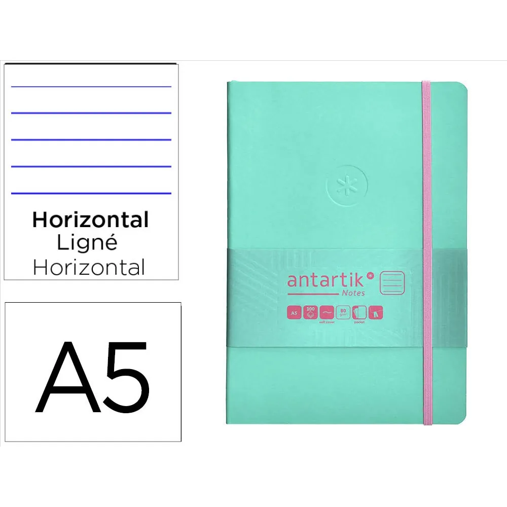 Cuaderno con Gomilla Antartik Notes Tapa Blanda A5 Hojas Rayas Rosa y Turquesa 80 Hojas 80 GR Fsc