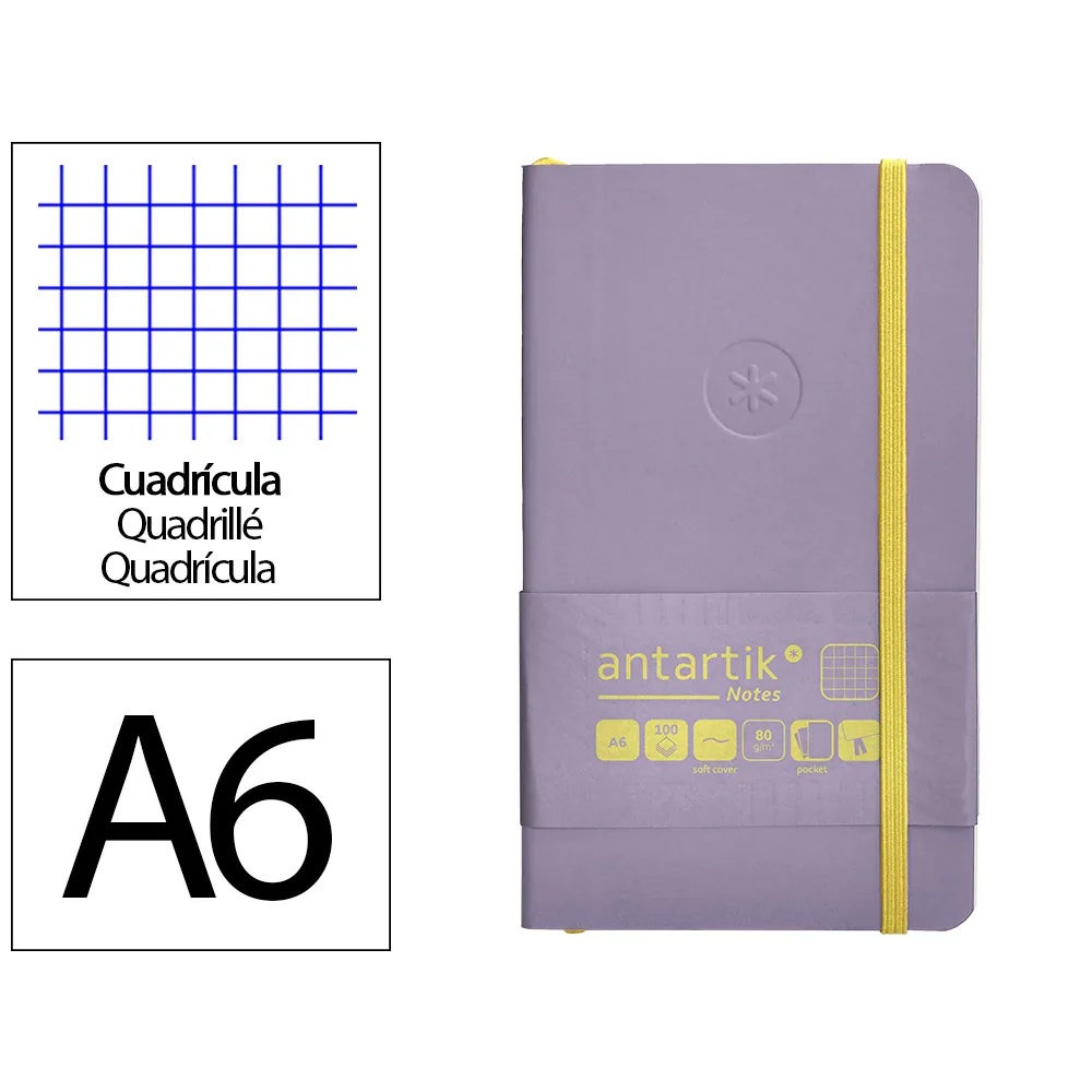 Cuaderno con Gomilla Antartik Notes Tapa Blanda A6 Cuadricula Morado y Amarillo 100 Hojas 80 GR Fsc