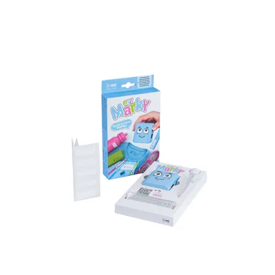 COLOP Sello Marcador de Ropa Marky Infantil Azul Incluye Tinta Kit de Etiquetas y Cinta Termoadhesiva