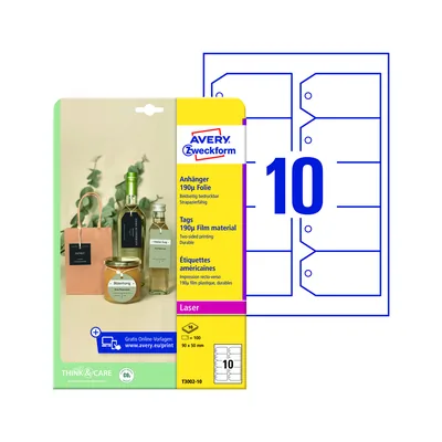 AVERY Etiqueta Colgante Avery Blanca 90X50 MM Imprimible Doble Cara Plastico 190 Mc Pack de 100 Unidades