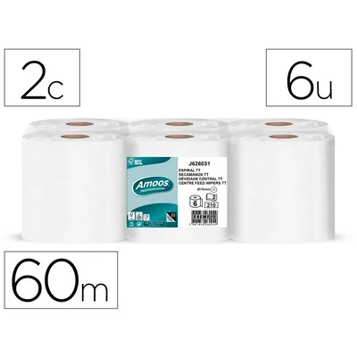 AMOOS Papel Secamanos Amoos Industrial 2 Capas 32G/M2 Celulosa Blanco 60 M Paquete de 6 Bobinas