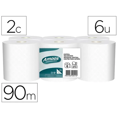 AMOOS Papel Secamanos Amoos Industrial 2 Capas 32G/M2 Blanco 90 M Paquete de 6 Rollos