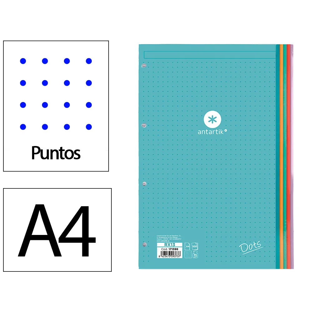 Recambio Antartik A4 100 Hojas 90GR Puntos Dots 4 Taladros Bandas de 5 Colores
