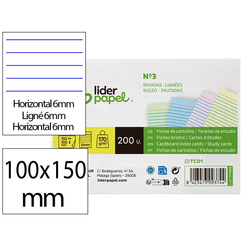 Tarjeta Liderpapel para Estudiar Rayada Cartulina de Colores 170GR 100X150MM Paquete de 200 Unidades