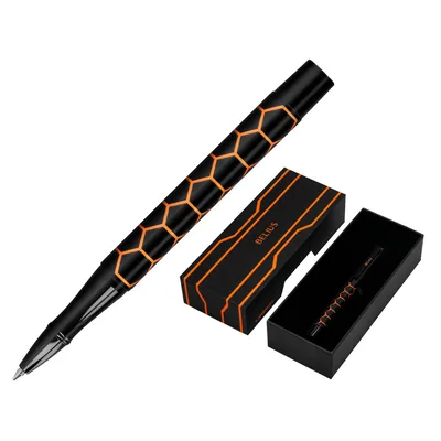 BELIUS Boligrafo Belius Legacy Aluminio Diseño Hexagono Naranja Cuerpo Negro Tinta Color Azul Caja de Diseño