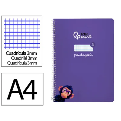 3M Cuaderno Espiral Liderpapel A4 Pautaguia Tapa Blanda 80H 75GR Cuadro Pautado 3MM Color Lila