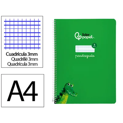 3M Cuaderno Espiral Liderpapel A4 Pautaguia Tapa Blanda 80H 75GR Cuadro Pautado 3MM Color Verde