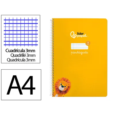 3M Cuaderno Espiral Liderpapel A4 Pautaguia Tapa Dura 80H 90 GR Cuadro Pautado 3MM Color Amarillo