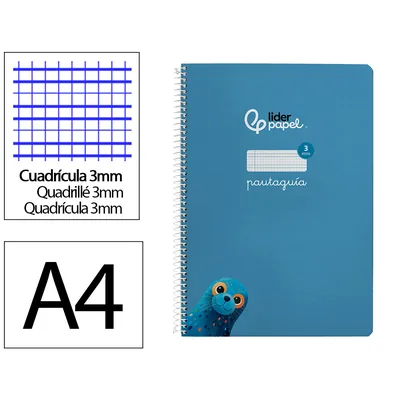 3M Cuaderno Espiral Liderpapel A4 Pautaguia Tapa Dura 80H 90 GR Cuadro Pautado 3MM Color Azul