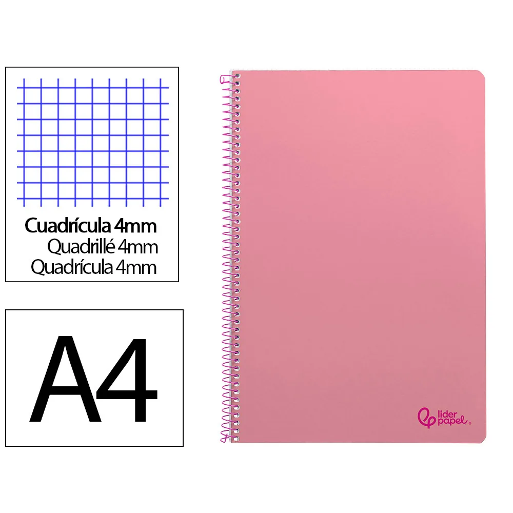 Cuaderno Espiral Liderpapel A4 Smart Tapa Blanda 80H 75GR Cuadro 4MM con Margen Color Rosa