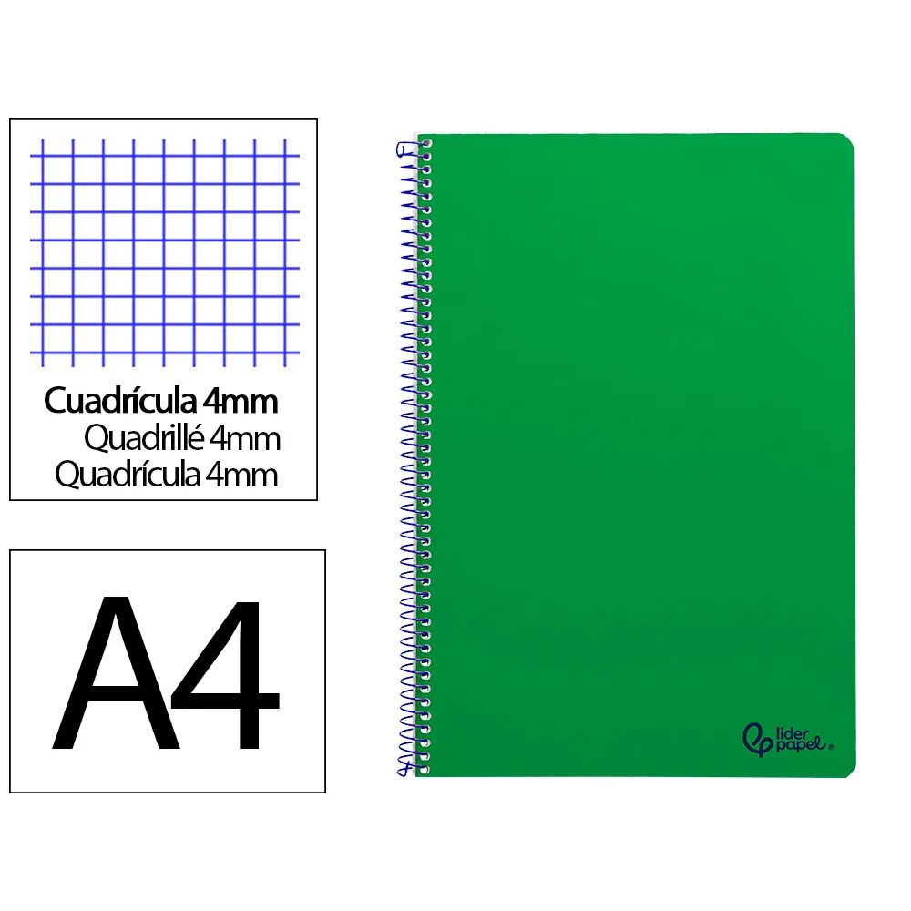 Cuaderno Espiral Liderpapel A4 Smart Tapa Blanda 80H 75GR Cuadro 4MM con Margen Color Verde