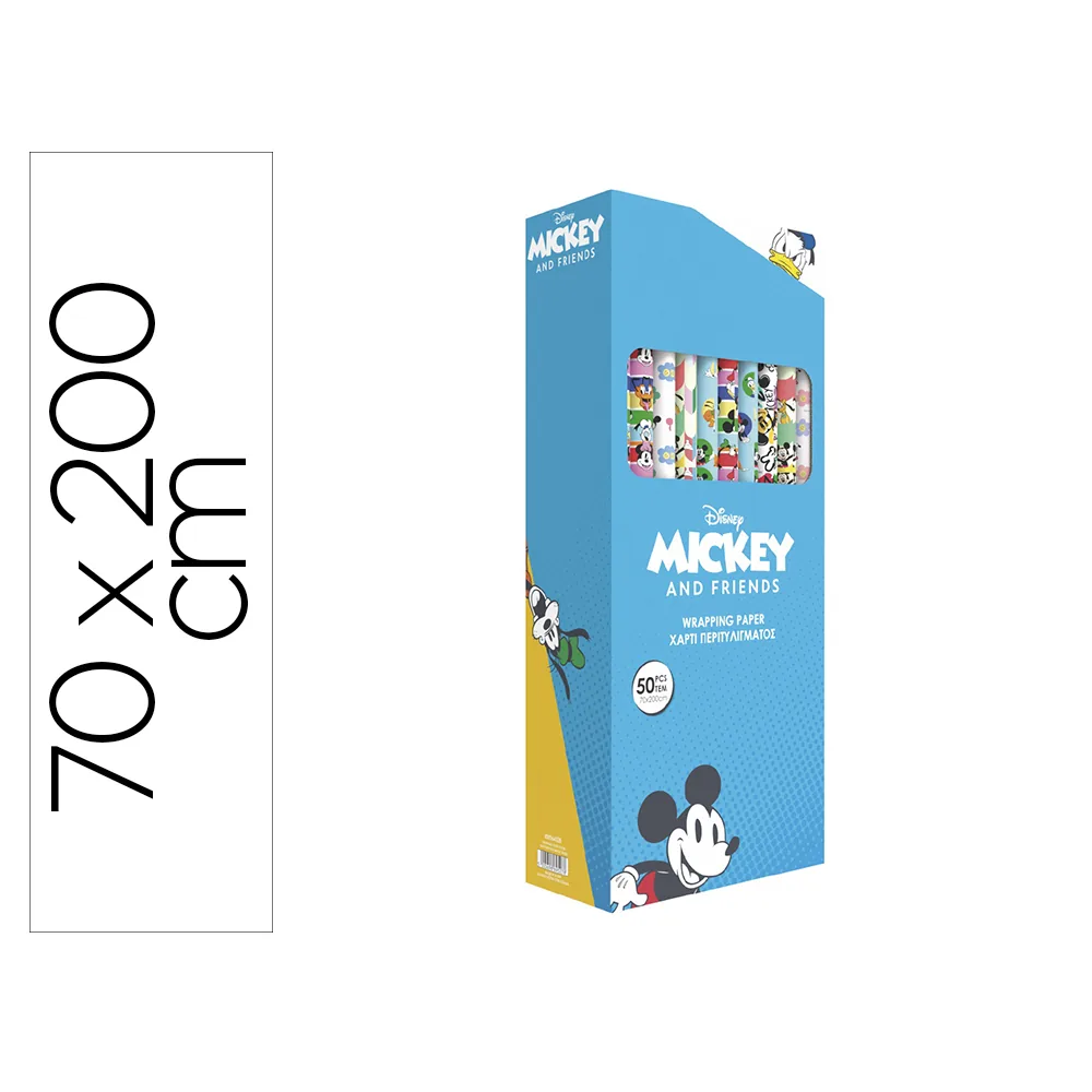 Papel de Regalo Basika Disney Mickey And Friends Rollo Ancho 70 CM Longitud 2 M Diseños Surtidos Gramaje 60 G