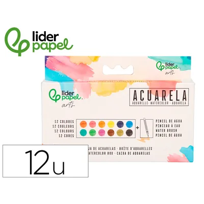 PLA Acuarela Liderpapel 12 Colores con Pincel de Agua Rellenable y Esponja Estuche de Plastico