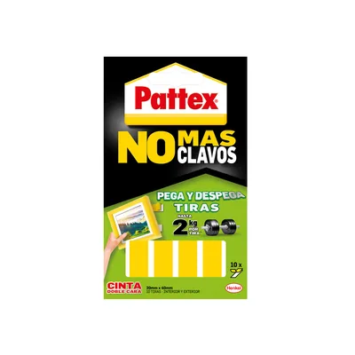 PATEX Cinta Adhesiva Doble Cara Pattex Pega y Despega No Mas Clavo Hasta 2 KG 20 X 40 MM Blister de 10 Unidades