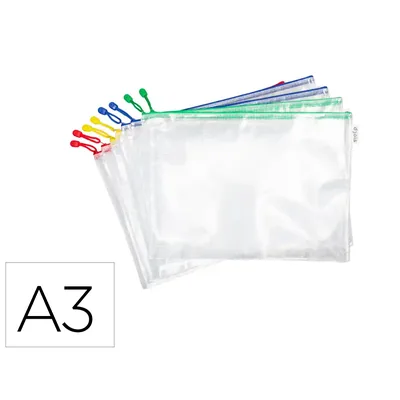 DJOIS Bolsa Multiusos Djois Zipper con Cremallera DIN A3 Pack de 8 Unidades Colores Surtidos
