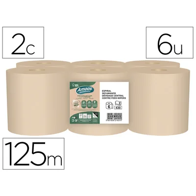 AMOOS Papel Secamanos Amoos Naturally Soft 2 Capas Pasta Cruda Paquete de 6 Rollos 125 M