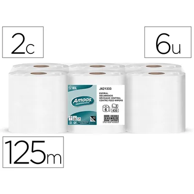 AMOOS Papel Secamanos Amoos Efficiency Professional 2 Capas Color Blanco Paquete de 6 Rollos