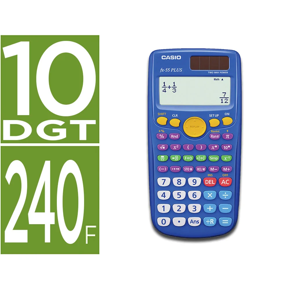 Calculadora Casio FX-55 Plus Cientifica 240 Funciones Pantalla de Cuatro Lineas Solar y Pila