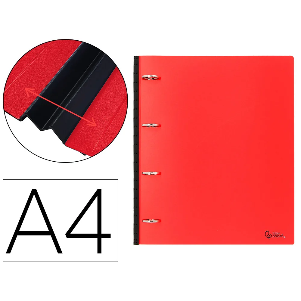 Carpeta Liderpapel 4 Anillas Redondas 25 MM Polipropileno DIN A4 Ultra Compacta con Lomo Extensible 4 CM Rojo