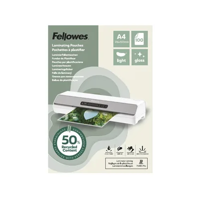 FELLOWES Bolsa de Plastificar Fellowes Recicladas Brillo DIN A4 80 Mc Pack de 100 Unidades