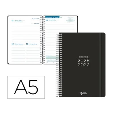 LIDERPAPEL Agenda Escolar Liderpapel 26-27 Espiral Basic Dia Pagina A5 Bilingue 70G Papel Fsc Negro