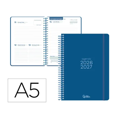 LIDERPAPEL Agenda Escolar Liderpapel 26-27 Espiral Basic Dia Pagina A5 Bilingue 70G Papel Fsc Azul Marino