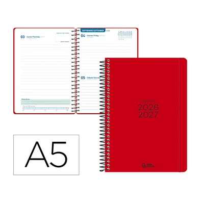 LIDERPAPEL Agenda Escolar Liderpapel 26-27 Espiral Basic Dia Pagina A5 Bilingue 70G Papel Fsc Rojo