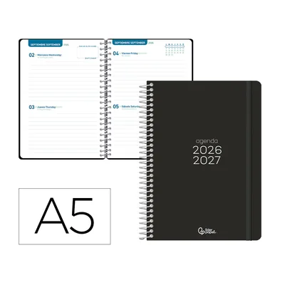 LIDERPAPEL Agenda Escolar Liderpapel 26-27 Espiral Basic 2 Dias Pagina A5 Bilingue 70G Papel Fsc Negro