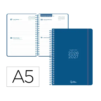 LIDERPAPEL Agenda Escolar Liderpapel 26-27 Espiral Basic 2 Dias Pagina A5 Bilingue 70G Papel Fsc Azul Marino