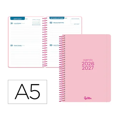 LIDERPAPEL Agenda Escolar Liderpapel 26-27 Espiral Basic 2 Dias Pagina A5 Bilingue 70G Papel Fsc Rosa