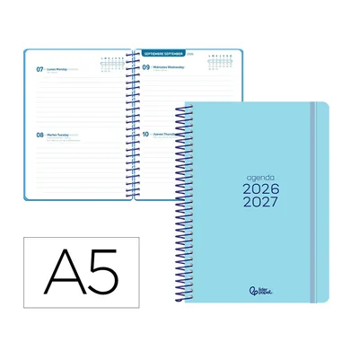LIDERPAPEL Agenda Escolar Liderpapel 26-27 Espiral Basic 2 Dias Pagina A5 Bilingue 70G Papel Fsc Azul Turquesa