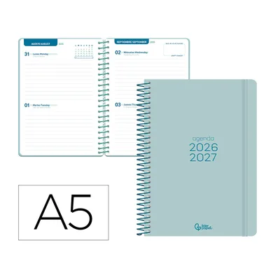 LIDERPAPEL Agenda Escolar Liderpapel 26-27 Espiral Basic 2 Dias Pagina A5 Bilingue 70G Papel Fsc Turquesa