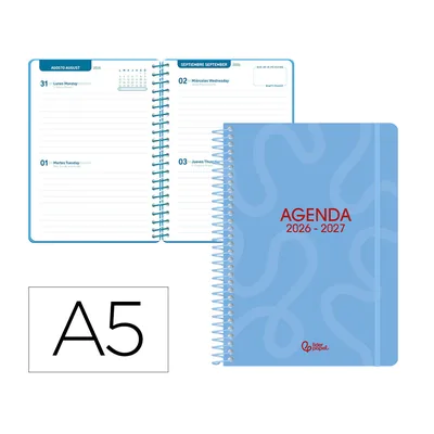 LIDERPAPEL Agenda Escolar Liderpapel 26-27 Espiral Classic 2 Dias Pagina A5 Bilingue 70G Papel Fsc Azul