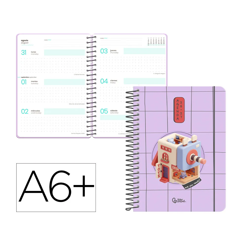 Agenda Escolar Liderpapel 26-27 Espiral Oriental Semana Vista A6+ Bilingue 80G Papel Fsc Sacapuntas