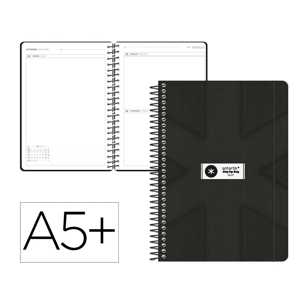 Agenda Escolar Antartik 26-27 Espiral Pack And Go Dia Pagina A5+ Bilingue 80G Papel Fsc Negro