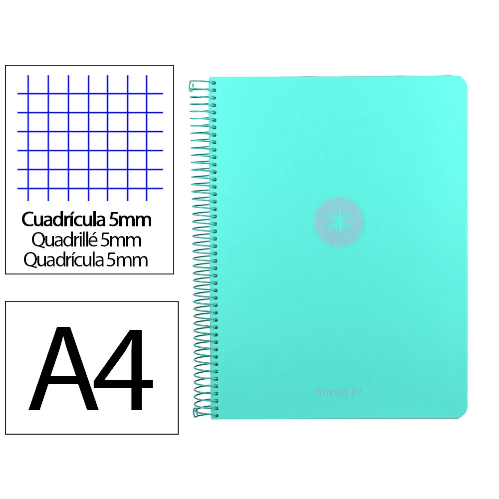 Cuaderno Espiral A4 Micro Antartik Tapa Foam 120H 90G Cuadro 5MM 5 Bandas 4 Taladros Color Menta